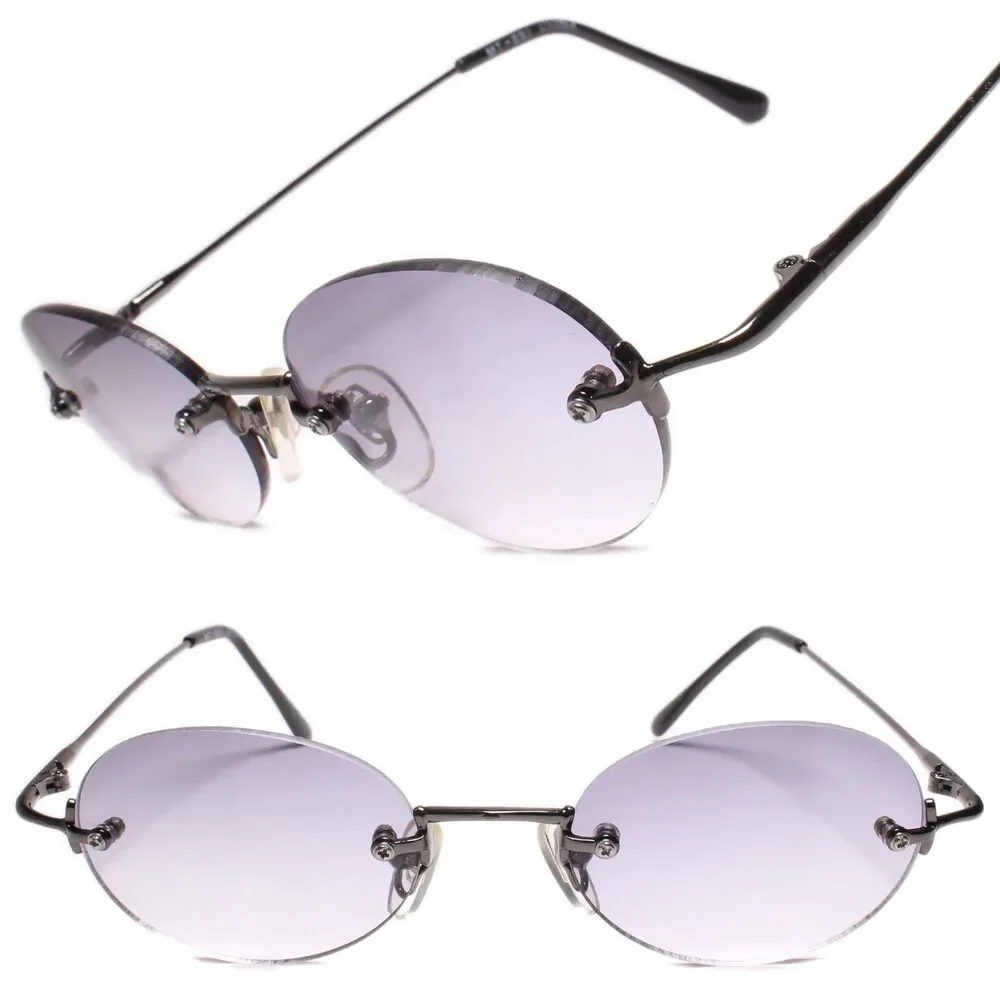 Genuine Vintage 80s Style Hip Hop Dapper Round Sunglasses Rimless Gunmetal Frame